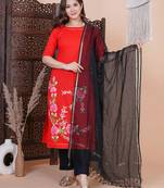 Red printed aline kurta with pant and dupatta set