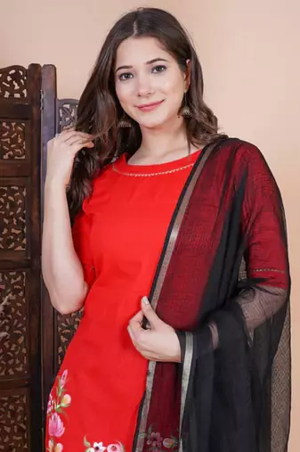Red printed aline kurta with pant and dupatta set