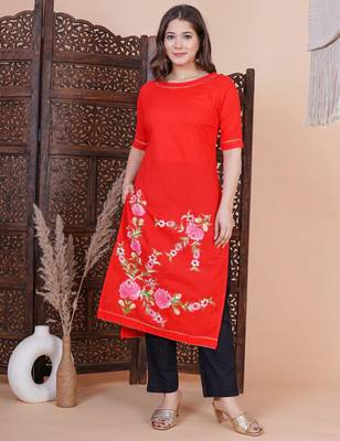 Red printed aline kurta with pant and dupatta set 4