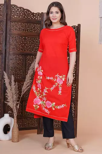 Red printed aline kurta with pant and dupatta set