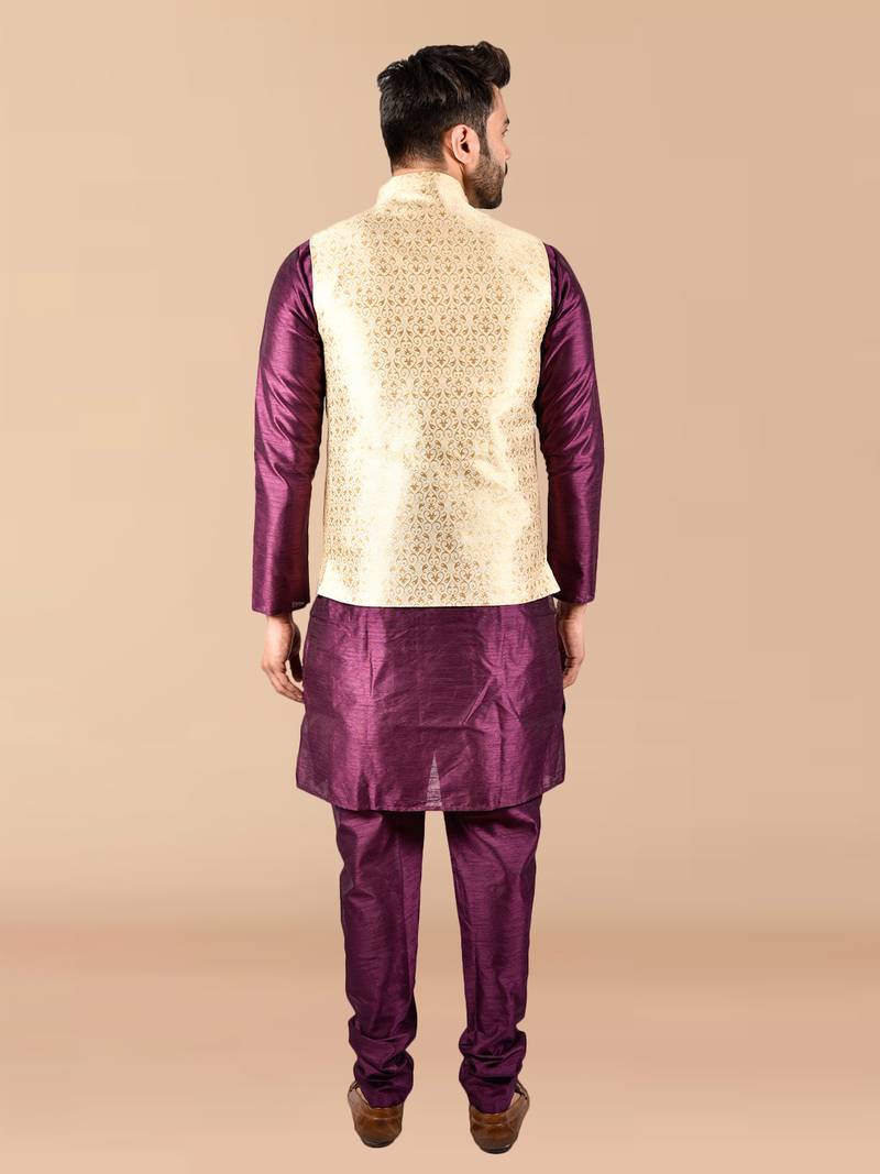 Solid silk kurta pyjama set with nehru jacket