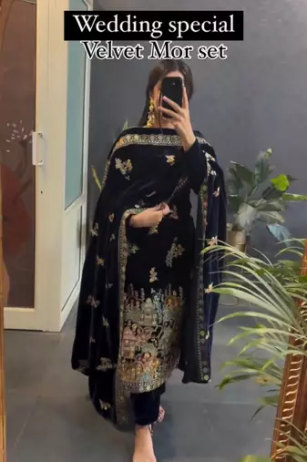Black velvet embroidery kurta set