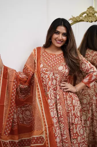 Orange Cotton Kurta Set with Dupatta