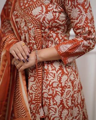 Orange Cotton Kurta Set with Dupatta 3