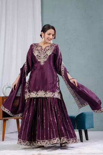 Purple Chinnon Kurta Set for Women