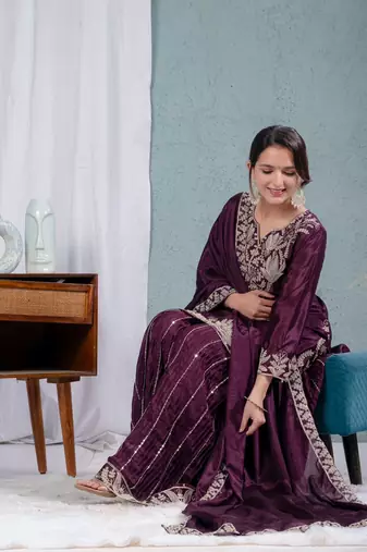 Purple Chinnon Kurta Set for Women