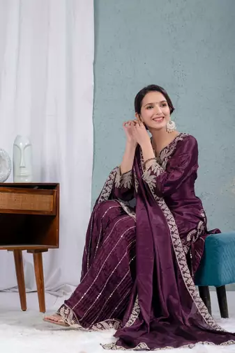 Purple Chinnon Kurta Set for Women