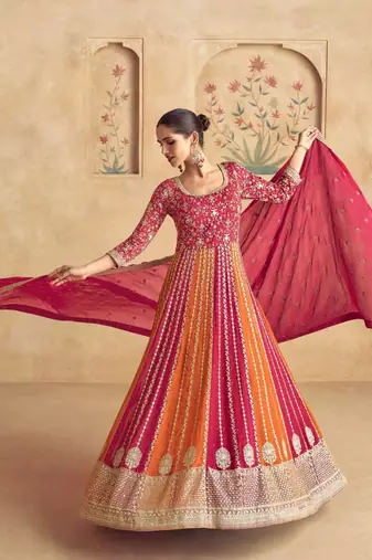 Multicolored Velvet Anarkali Gown Set