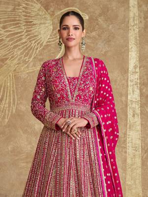 Pink georgette heavy embroidery sequins work gown set 2