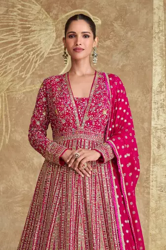 Pink georgette heavy embroidery sequins work gown set
