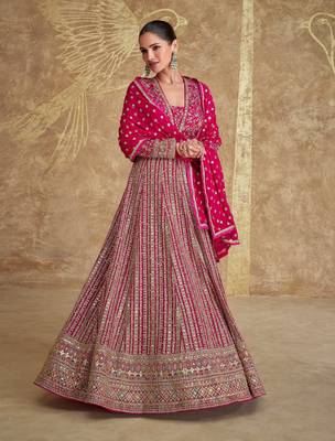 Pink georgette heavy embroidery sequins work gown set 4