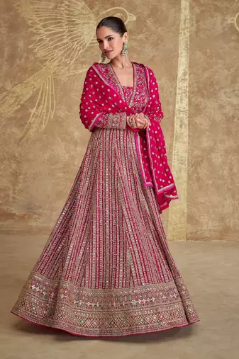 Pink georgette heavy embroidery sequins work gown set