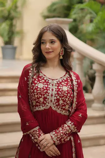 Red sequins & zari embroidered work anarkali set