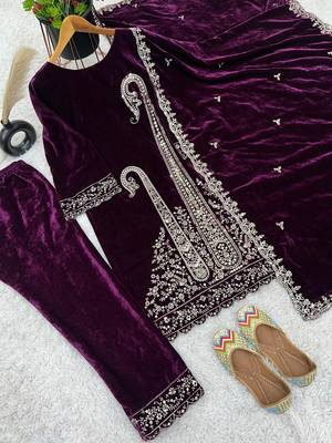 Purple Viscose Velvet Kurta Set 3