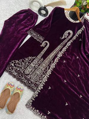 Purple Viscose Velvet Kurta Set 4