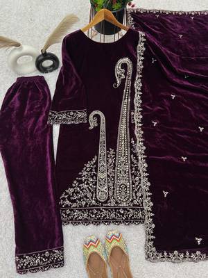 Purple Viscose Velvet Kurta Set 5