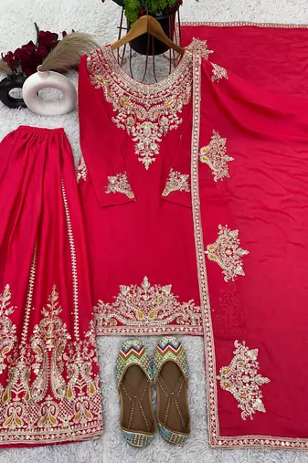 Pink Chinnon Silk Kurta Set for Women