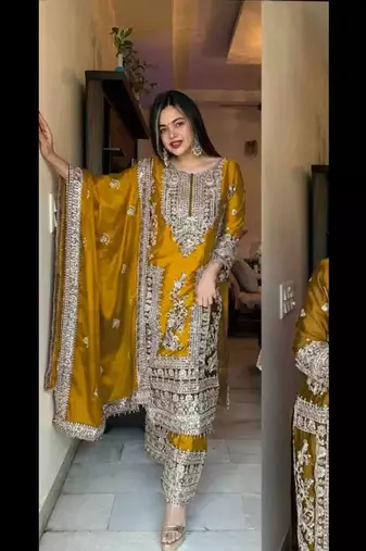 Mustard chinnon silk heavy embroidery sequins work kurta set