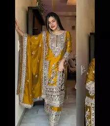 Mustard chinnon silk heavy embroidery sequins work kurta set