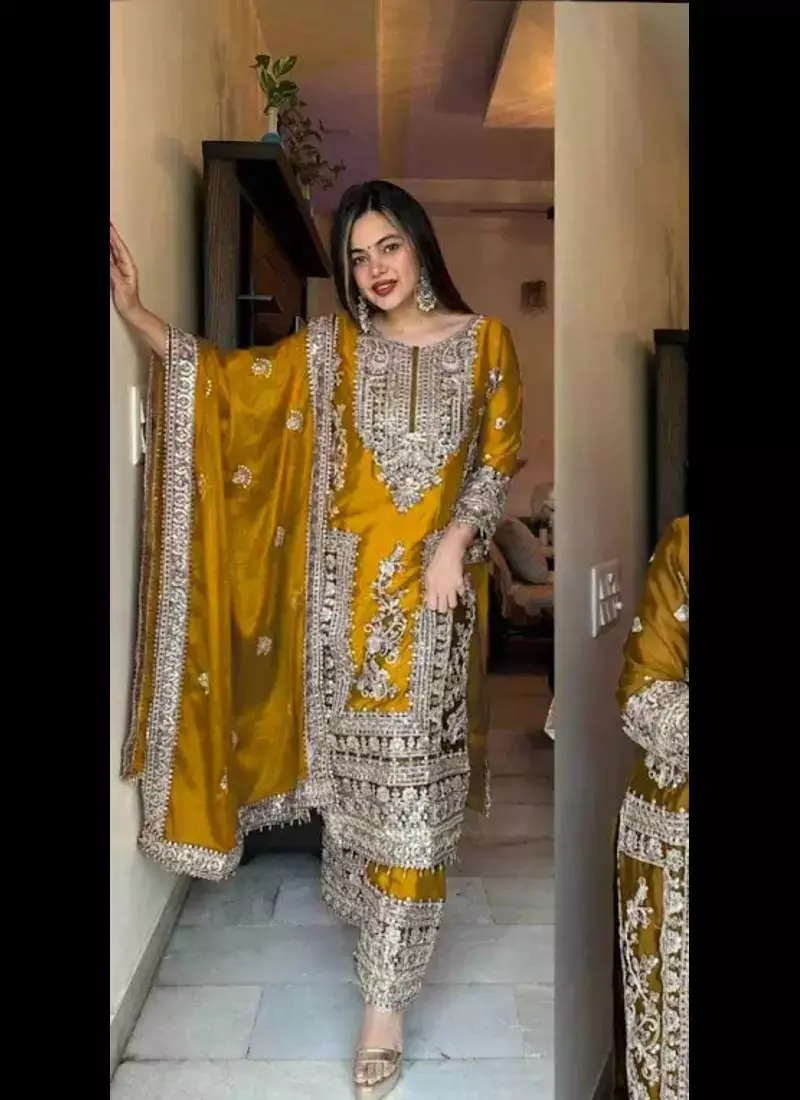 Mustard chinnon silk heavy embroidery sequins work kurta set