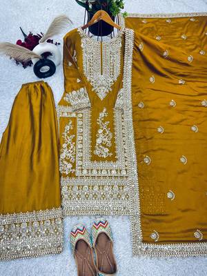 Mustard chinnon silk heavy embroidery sequins work kurta set 2