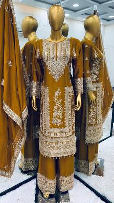 Mustard chinnon silk heavy embroidery sequins work kurta set 3