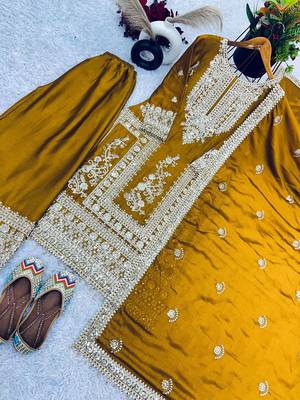 Mustard chinnon silk heavy embroidery sequins work kurta set 4