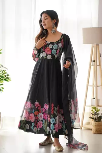Black jari work floral outing work organza anarkali suit