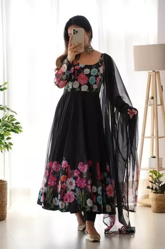 Black jari work floral outing work organza anarkali suit