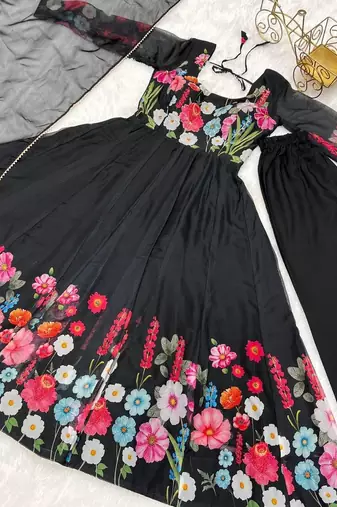 Black jari work floral outing work organza anarkali suit