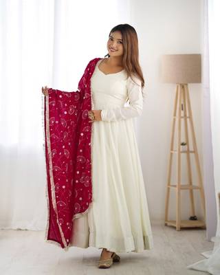 White Silk Anarkali Suit with Dupatta 2