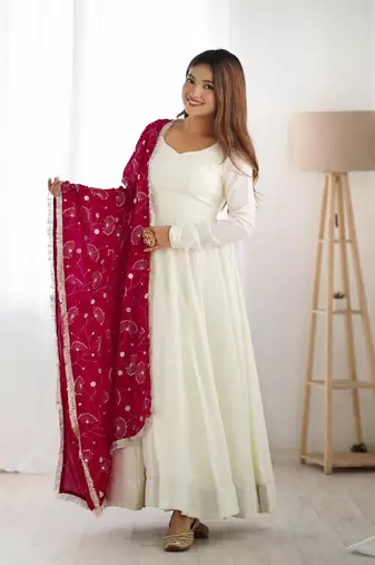 Plain white vichitra silk anarkali suit with dupatta