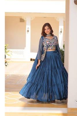 Blue Chinon Silk Threadwork Lehenga Choli 2
