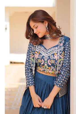 Blue Chinon Silk Threadwork Lehenga Choli 3