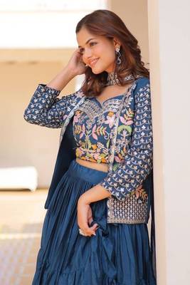Blue Chinon Silk Threadwork Lehenga Choli 4