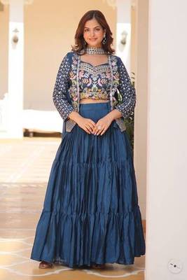 Blue Chinon Silk Threadwork Lehenga Choli 1