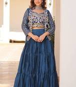 Blue Chinon Silk Threadwork Lehenga Choli