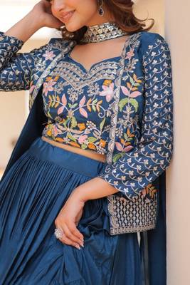 Blue Chinon Silk Threadwork Lehenga Choli 5