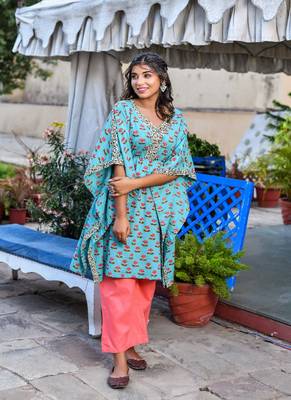 Teal printed kaftan & peach pant sets 1