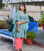 Teal printed kaftan & peach pant sets