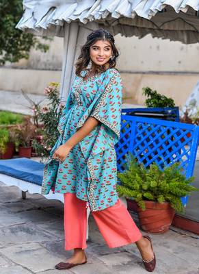Teal printed kaftan & peach pant sets 2