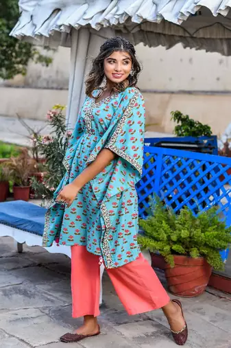 Teal printed kaftan & peach pant sets