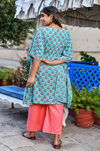 Teal printed kaftan & peach pant sets