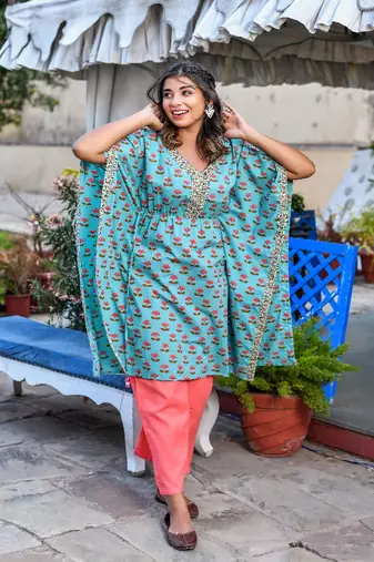 Teal printed kaftan & peach pant sets