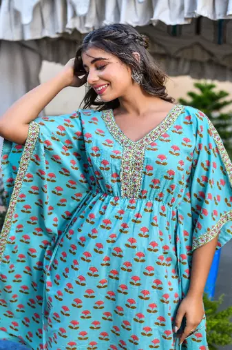 Teal printed kaftan & peach pant sets