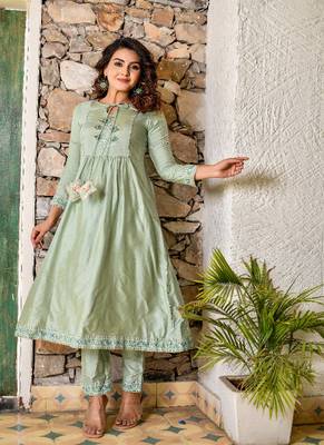 2-piece shiny green kurta pant sets 1