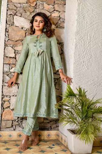 2-piece shiny green kurta pant sets