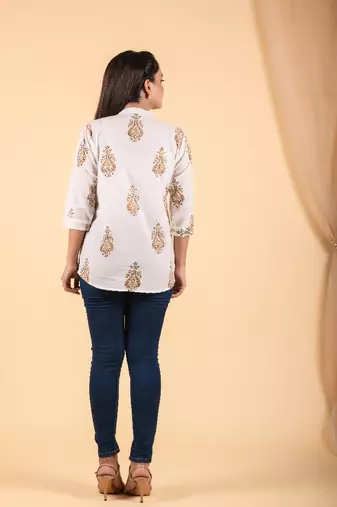 Off white hand block printed cotton shirt
