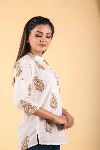 Off white hand block printed cotton shirt