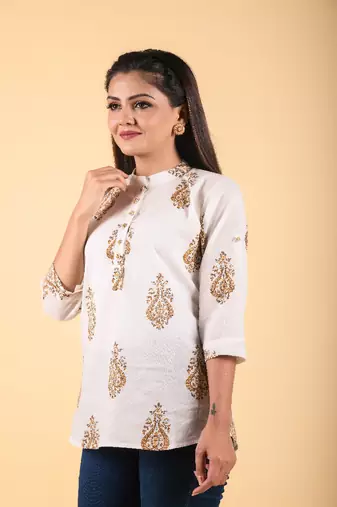 Off white hand block printed cotton shirt